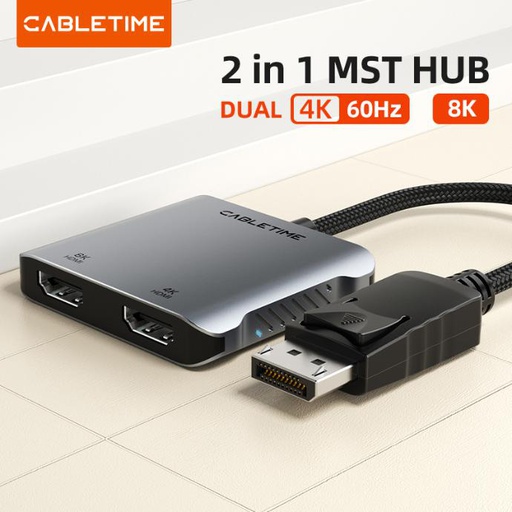 CABLETIME- DP to Dual HDMI 8K Adapter, Support SMT, with CUSTOMER LOGO PRINTING, SKU- CT-DM2H8K-AG