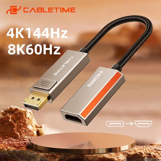 CABLETIME- Zinc Alloy DP TO HDMI Adapter 8K/60Hz, Input: DP Male Gold Plated, Output: HDMI Female, Resolution: 8K60Hz 4K144Hz Max, Shell: Zinc Alloy, Wire: USB3.2 CABLE, Jacket:Black Braided, OD:5.1mm, SKU- CT-DMHF8K-ZG