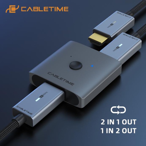 CABLETIME- 2-IN-1 HDMI Switch, Interface: HDMI+HDMI×2, Resolution：4K30Hz, Material: Aluminum + ABS,Colour：Gray+Black, Weight: 55g, Size: 73.6×32×14mm , SKU- CT-HS4K-2G