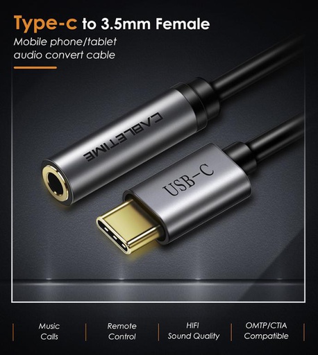 CABLETIME- Premium Digital USB Type C Male to Audio Stereo 3.5 Female, Signal: Sound & Music-Digital, Nickle plated with Space Grey alumium Housing, Black PVC, OD4.5mm , SKU- CT-C160-PU31-CMAU(D)-AS0.1