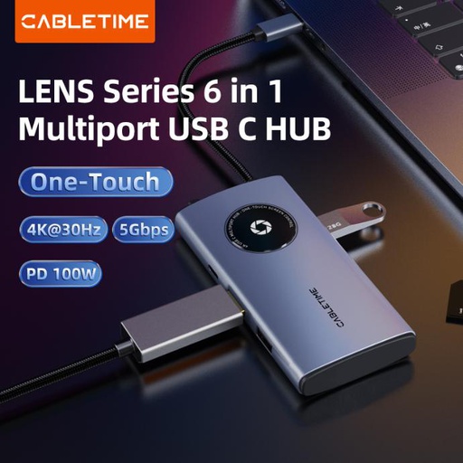 CABLETIME- 6-in-1 USB C HUB Lens Series Input: USB C; Output: 1×HDMI 4K30Hz, 2×USB-A 3.0 5Gbps, 1×SD/TF 3.0, 1×USB-C PD 100W; Material: Aluminum Shell+Braided Wire, SKU- CT-HUBL4-AG