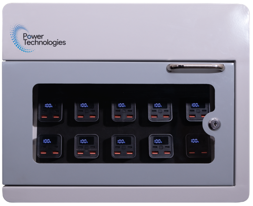 POWER TECHNOLOGIES 10 Bay Secure Battery Charging Cabinet w/ 5 Power Bank Batteries - 220V UK, MODEL- PowerVault-10/5, SKU- CAB-PVS-B10K-U5