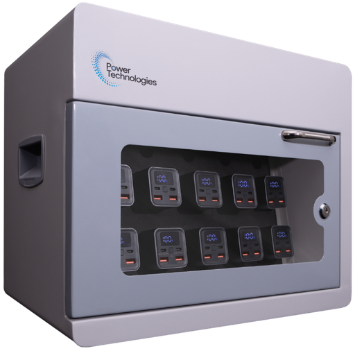 POWER TECHNOLOGIES 10 Bay Secure Battery Charging Cabinet w/ 10 Power Bank Batteries - 220V UK, MODEL- PowerVault-10/10, SKU- CAB-PVS-B10K-U10