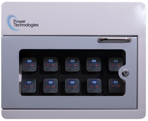 POWER TECHNOLOGIES 10 Bay Secure Battery Charging Cabinet w/ HS Cables - UK, MODEL- PowerVault+, SKU- CAB-PVS-B10K-UH