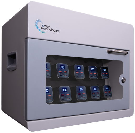 POWER TECHNOLOGIES 10 Bay Secure Battery Charging Cabinet w/ HS Cables w/ 5 Power Bank HS Batteries - NA, MODEL- PowerVault+, SKU- CAB-PVS-B10K-D5H