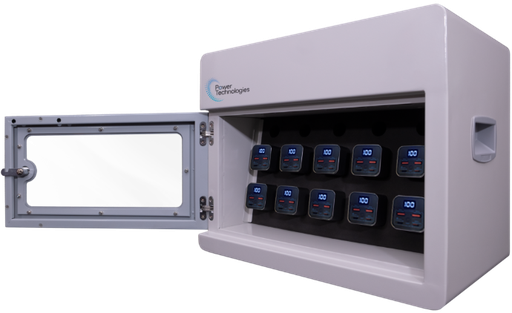 POWER TECHNOLOGIES 10 Bay Secure Battery Charging Cabinet w/ HS Cables w/ 10 Power Bank HS Batteries - NA, MODEL- PowerVault+, SKU- CAB-PVS-B10K-D10H