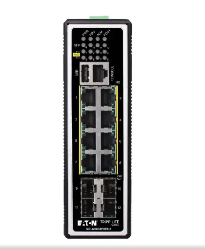 Tripp Lite series 8-Port Managed Industrial Gigabit Ethernet Switch - Layer 2, 1 Gbps, PoE+ 30W, 4 GbE SFP Ports, -40° to 75°C, DIN Mount, TAA   Part Number: NGI-M08C4POE8-2