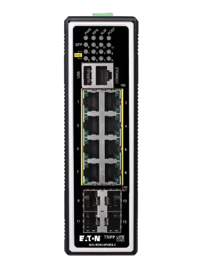 Tripp Lite series 8-Port Managed Industrial Gigabit Ethernet Switch - Layer 2, 1 Gbps, PoE+ 30W, 4 GbE SFP Ports, -40° to 75°C, DIN Mount, TAA   Part Number: NGI-M08C4POE8-2
