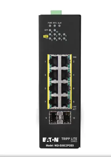 Tripp Lite series 8-Port Lite Managed Industrial Gigabit Ethernet Switch - 10/100/1000 Mbps, PoE+ 30W, 2 GbE SFP Slots, -10° to 60°C, DIN Mount, TAA    Part Number: NGI-S08C2POE8