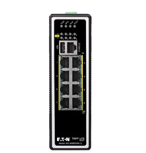 Tripp Lite series 8-Port Managed Industrial Gigabit Ethernet Switch - Layer 2, 1 Gbps, PoE+ 30W, -40° to 75°C, DIN Mount, TAA   Part Number:  NGI-M08POE8-L2