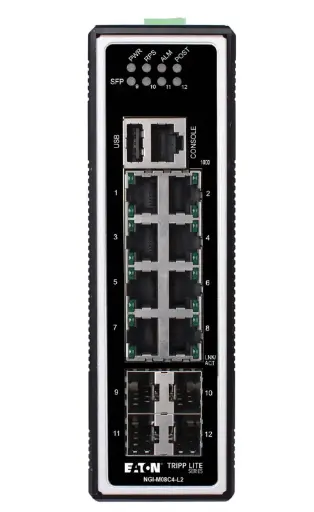 Tripp Lite series 8-Port Managed Industrial Gigabit Ethernet Switch - Layer 2, 10/100/1000 Mbps, 4 GbE SFP Ports, -40° to 75°C, DIN Mount, TAA     Part Number:  NGI-M08C4-L2
