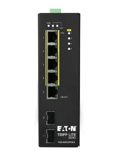 Tripp Lite series 5-Port Lite Managed Industrial Gigabit Ethernet Switch - 10/100/1000 Mbps, PoE+ 30W, 2 GbE SFP Slots, -10° to 60°C, DIN Mount, TAA  Part Number:  NGI-S05C2POE4