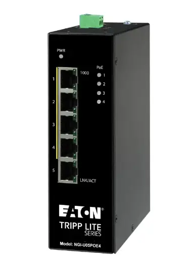 Tripp Lite series 5-Port Unmanaged Industrial Gigabit Ethernet Switch - 10/100/1000 Mbps, PoE+ 30W, -10° to 60°C, DIN Mount, TAA   Part Number:  NGI-U05POE4