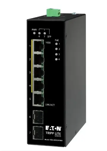 Tripp Lite series 5-Port Unmanaged Industrial Gigabit Ethernet Switch - 10/100/1000 Mbps, PoE+ 30W, -10° to 60°C, 2 GbE SFP Slots, DIN Mount, TAA     Part Number:  NGI-U05C2POE4