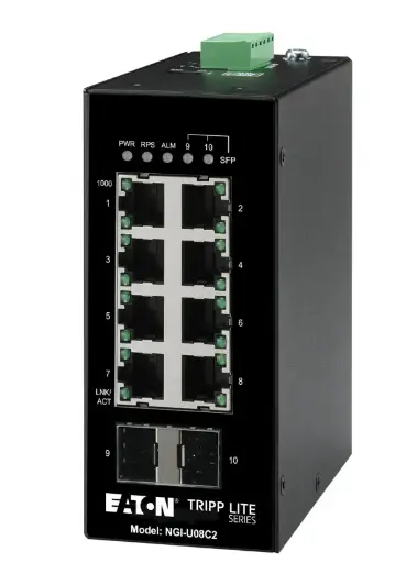 Tripp Lite series 8-Port Unmanaged Industrial Gigabit Ethernet Switch - 10/100/1000 Mbps, 2 GbE SFP Slots, -40° to 75°C, iQoS, DIN Mount, TAA   Part Number:  NGI-U08C2