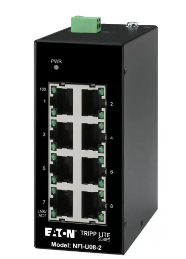 Tripp Lite series 8-Port Unmanaged Industrial Ethernet Switch - 10/100 Mbps, Ruggedized, -40° to 75°C, DIN Mount, TAA  Part Number:  NFI-U08-2