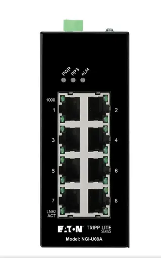 Tripp Lite series 8-Port Unmanaged Industrial Gigabit Ethernet Switch - 10/100/1000 Mbps, Ruggedized, -40° to 75°C, iQoS, DIN Mount, TAA  Part Number:  NGI-U08A
