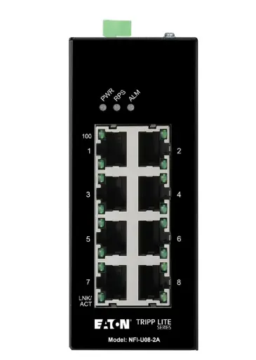 Tripp Lite series 8-Port Unmanaged Industrial Ethernet Switch - 10/100 Mbps, Ruggedized, -40° to 75°C, iQoS, DIN Mount, TAA  Part Number:  NFI-U08-2A