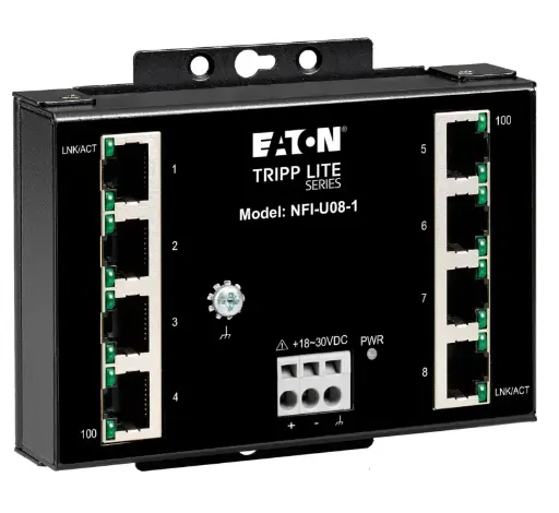 Tripp Lite series 8-Port Unmanaged Fast Industrial Ethernet Switch - 10/100 Mbps, Ruggedized, -40° to 75°C, DIN/Wall Mount, TAA Part Number:  NFI-U08-1